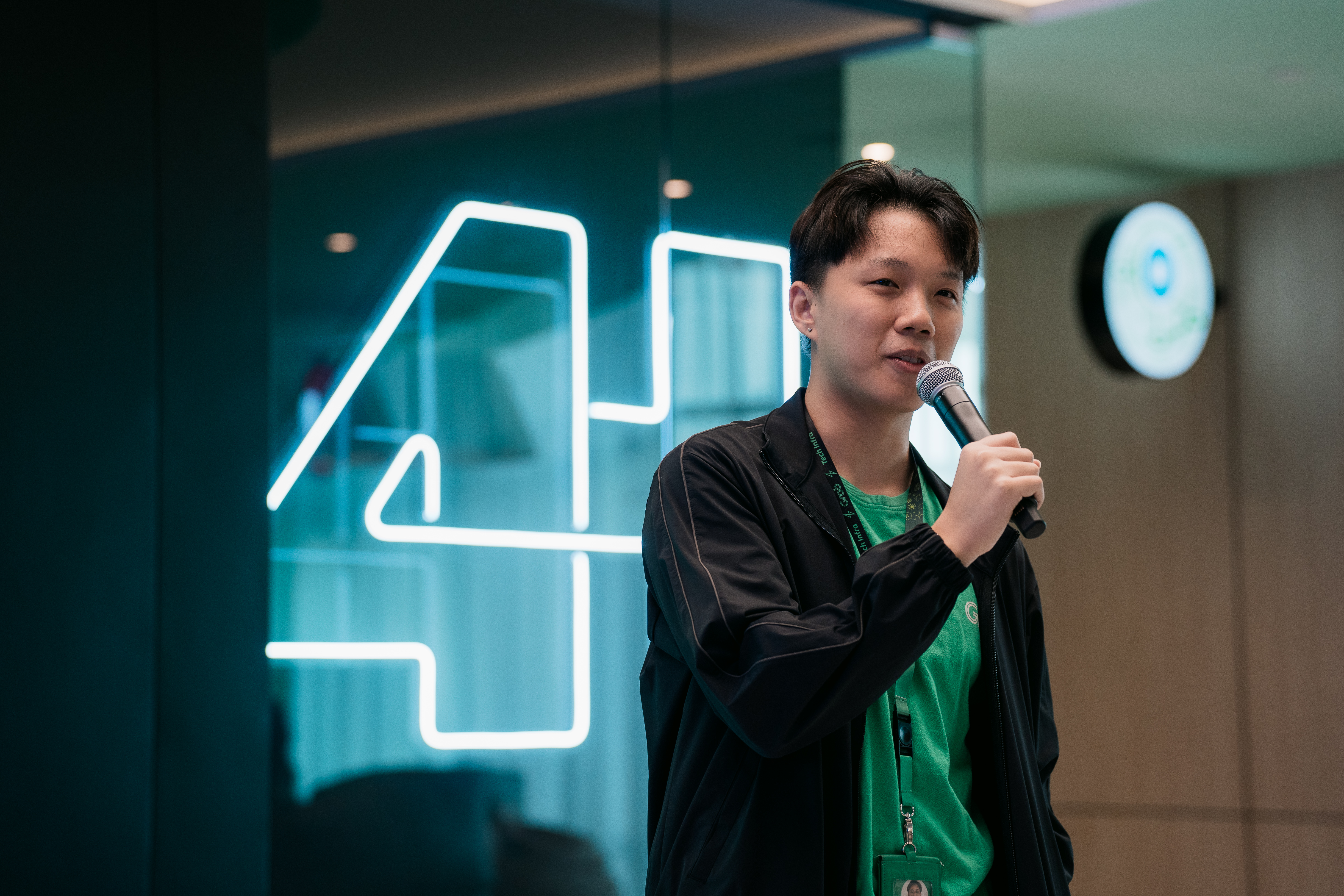 mikey speaking at an event