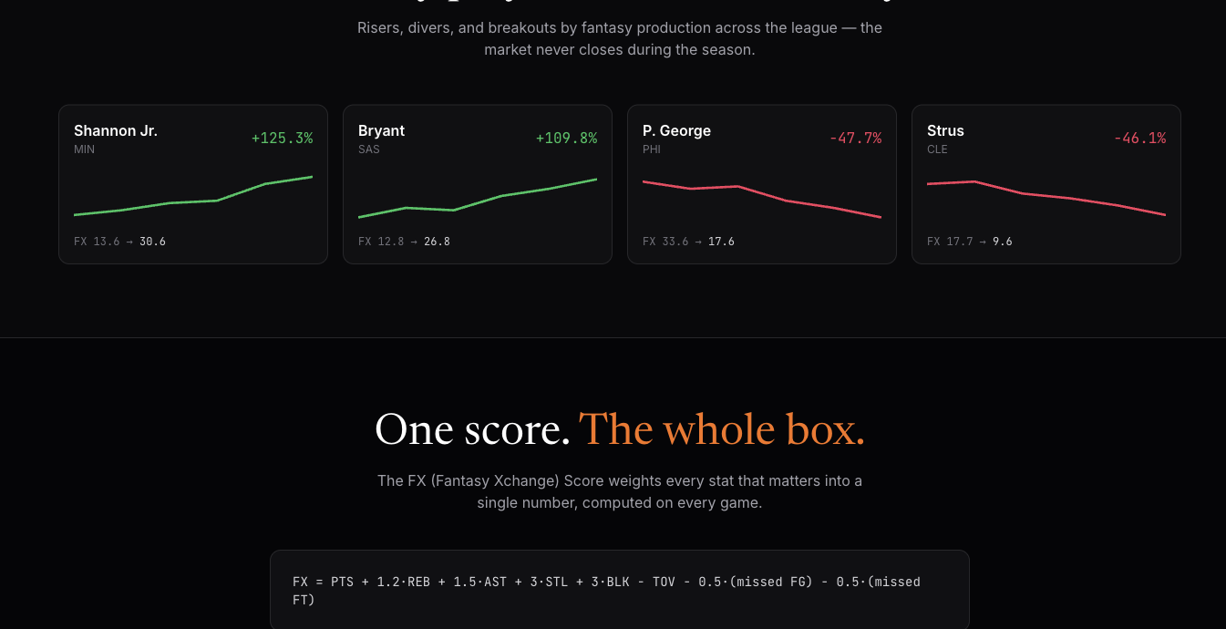 Fantasy Xchange landing — market metaphor