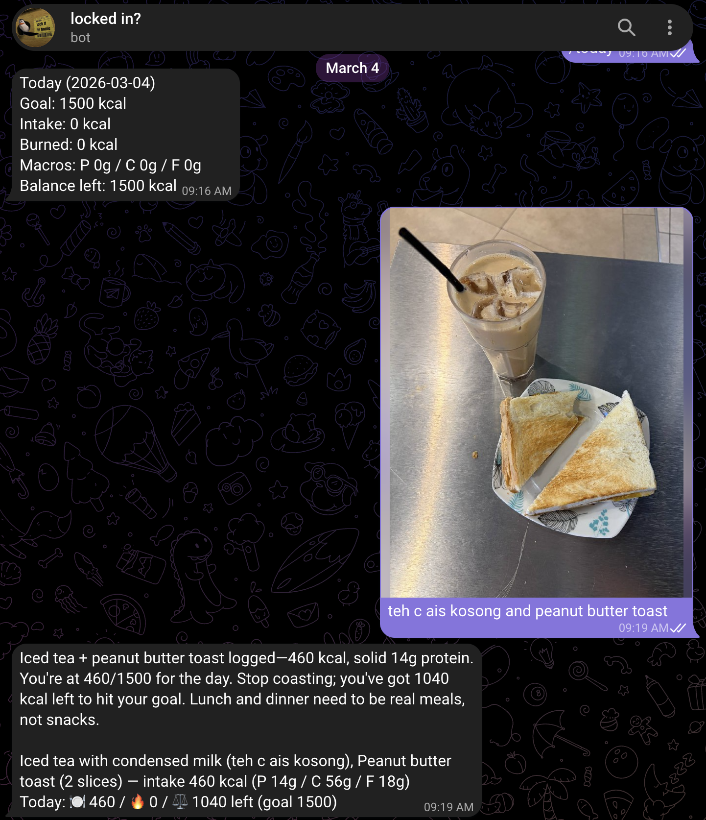 telegram health assistant chat — photo meal log and coach reply