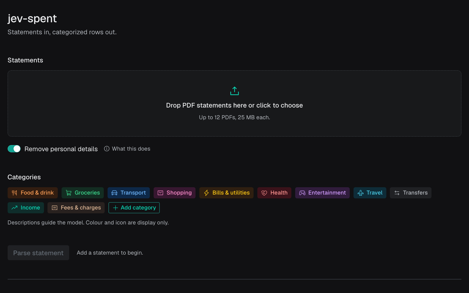 jev-spent — statement upload and spending categories